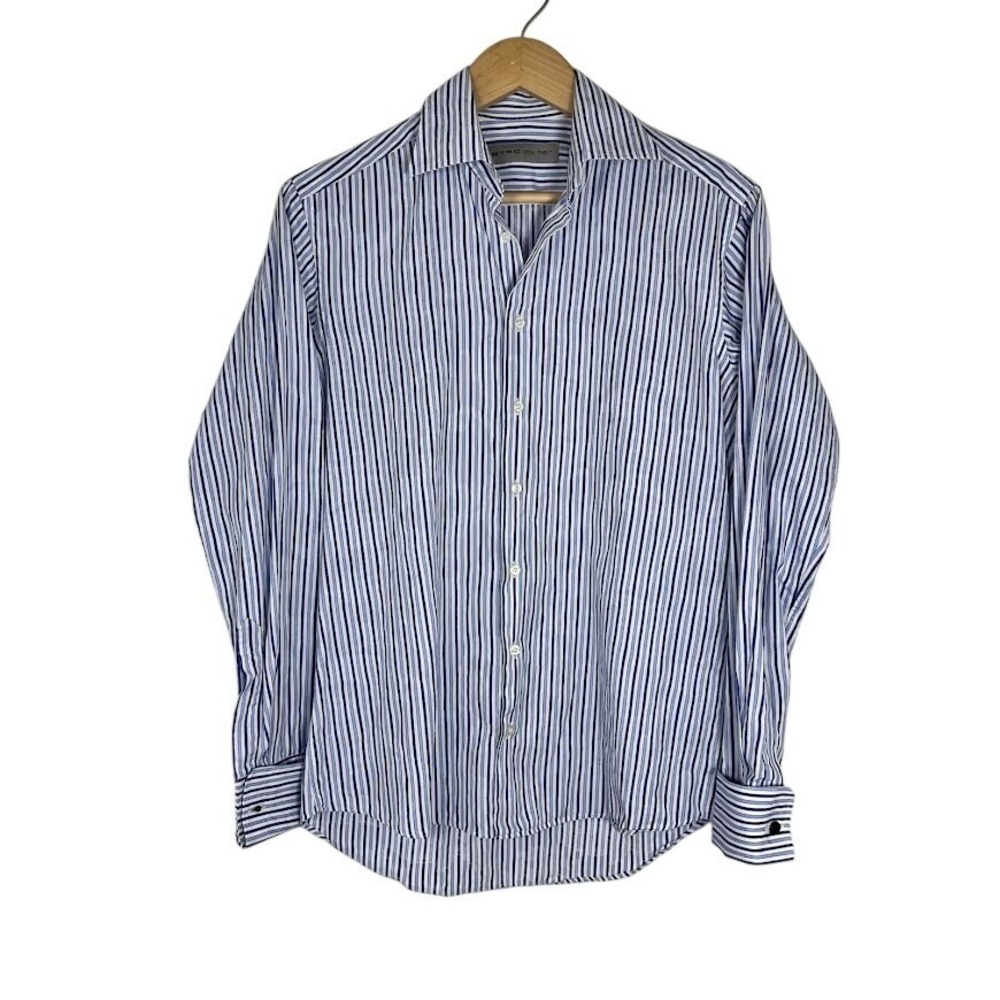 Etro Milano Mens Blue White Striped Paisley Jacquard Dress Shirt Size 38 Italy - Picture 2 of 8